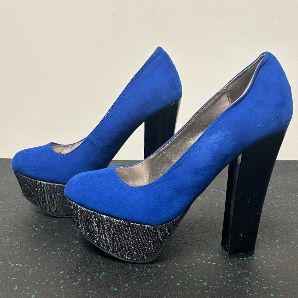 Qupid Cobalt Blue and Black Chunky Heels , Size 9